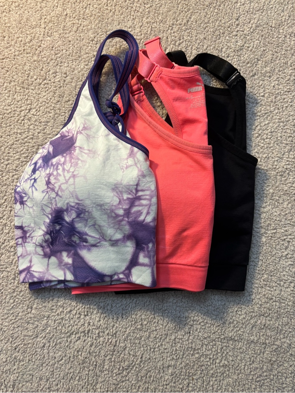 Bundle of 3 Puma sport bras - Purple Tie-Dye, Coral and Black